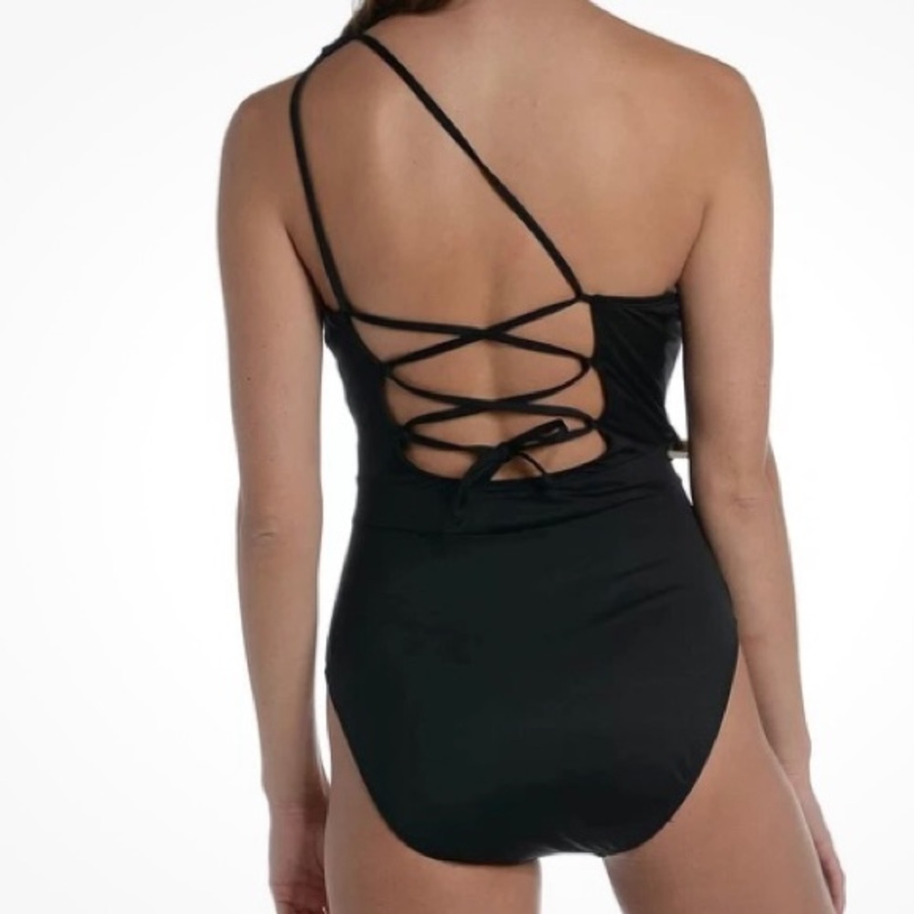 New Mynah one piece swimsuit one shoulder strappy back black size XXL
